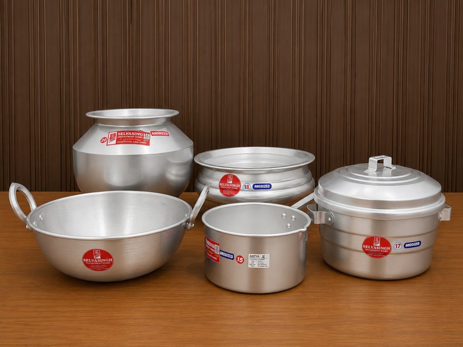 Anodized aluminium cookware set at Selvasingh Department Store